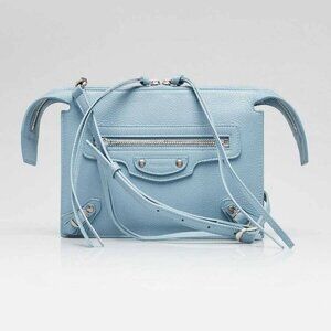 Balenciaga Blue Grey Pebbled Leather Neo Classic City Crossbody Clutch Bag